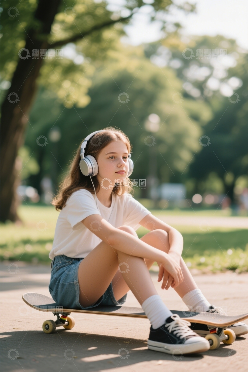 高清大图下载【趣麦麦图】公园少女滑板休憩时