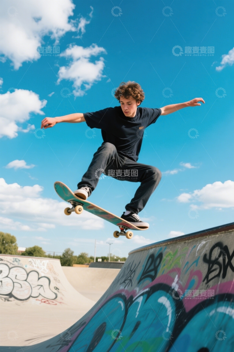 高清大图下载【趣麦麦图】滑板场涂鸦墙前腾跃