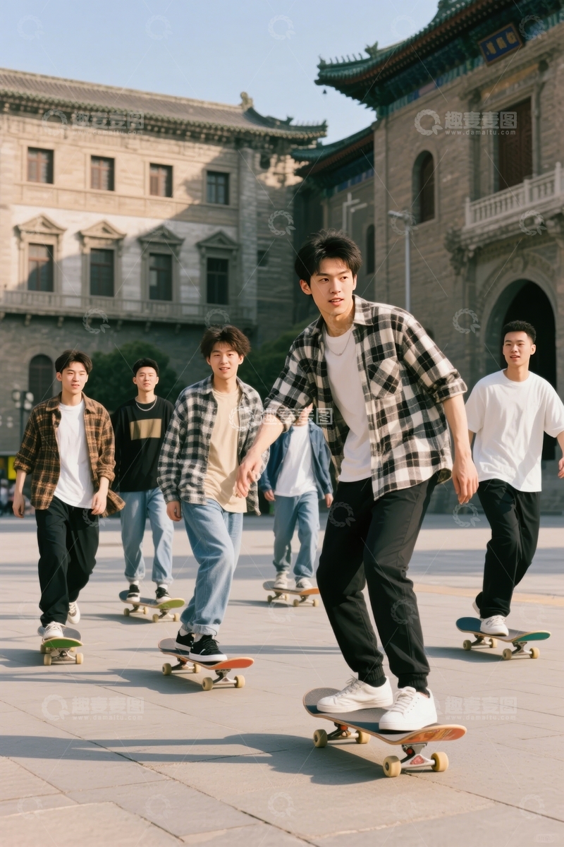 高清大图下载【趣麦麦图】古建筑前滑板群行