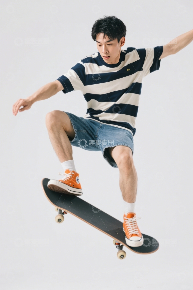 高清大图下载【趣麦麦图】条纹少年滑板跳跃瞬间