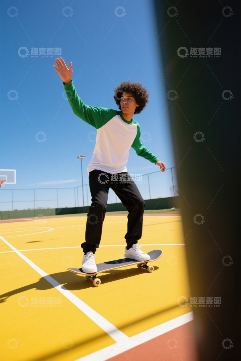高清大图下载【趣麦麦图】男子篮球场滑板活力滑行