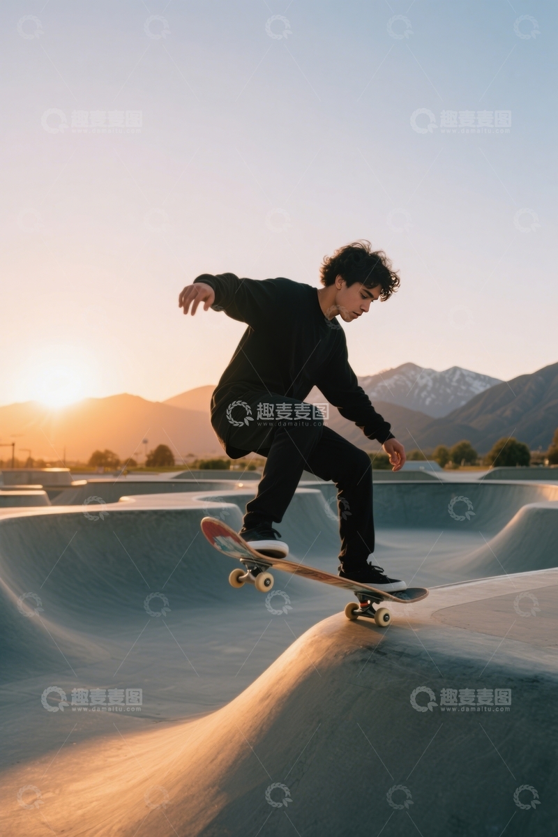 高清大图下载【趣麦麦图】黑衣青年夕阳下滑板