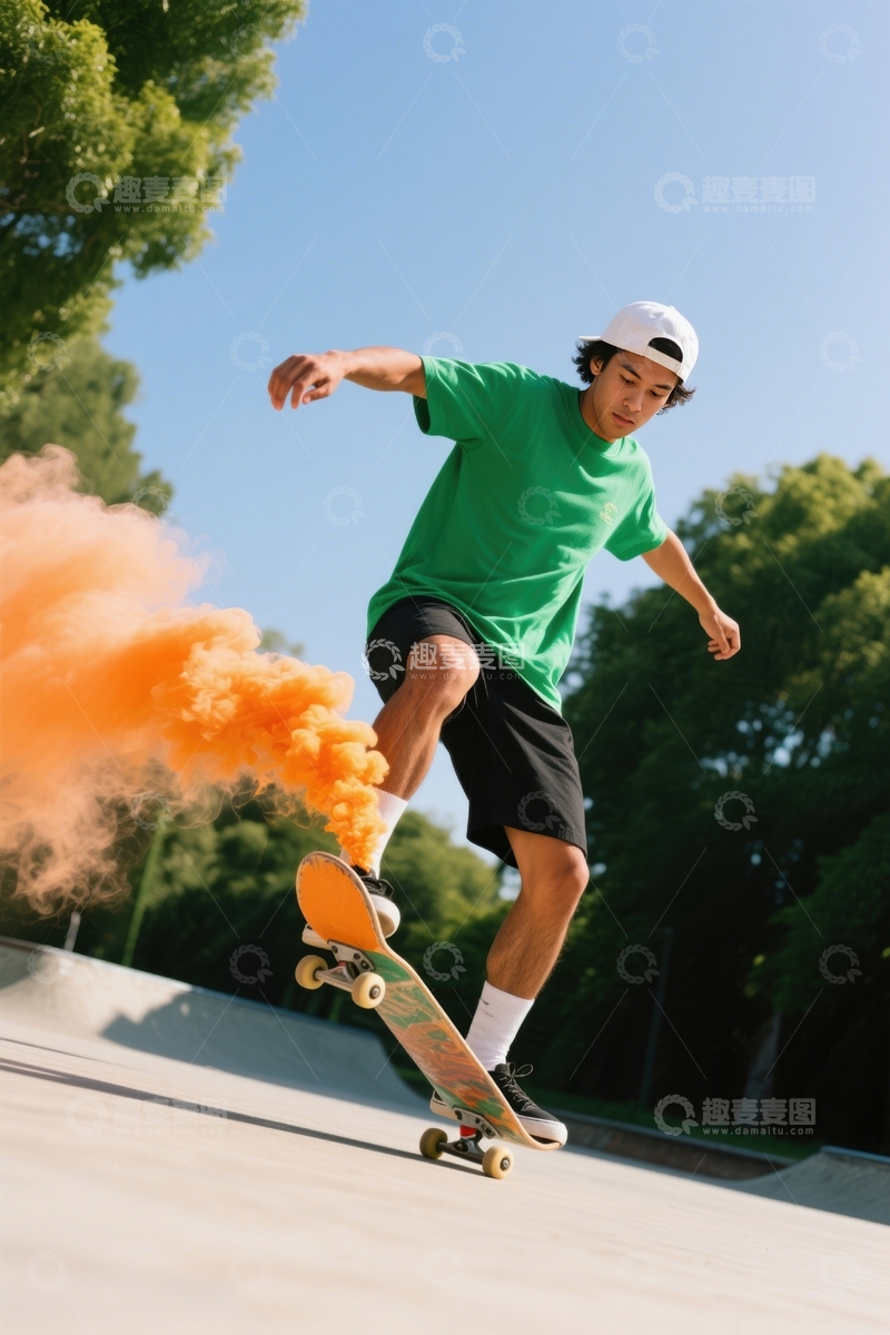 高清大图下载【趣麦麦图】滑板场彩烟滑板特技
