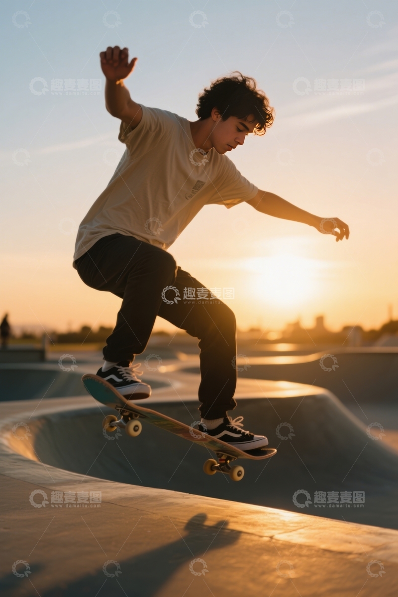 高清大图下载【趣麦麦图】夕阳下滑板者的律动