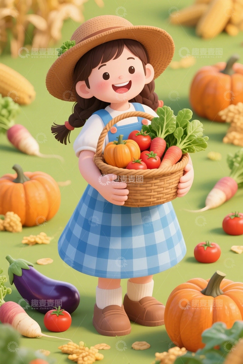 高清大图下载【趣麦麦图】51劳动节丰收卡通女孩2