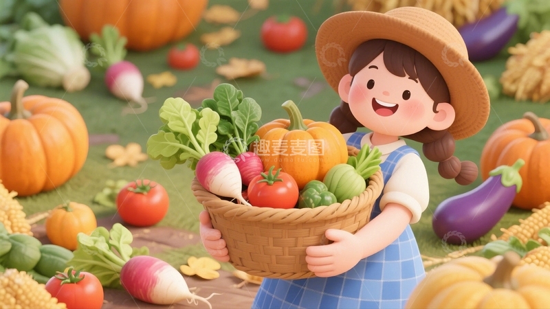 高清大图下载【趣麦麦图】51劳动节丰收卡通女孩4