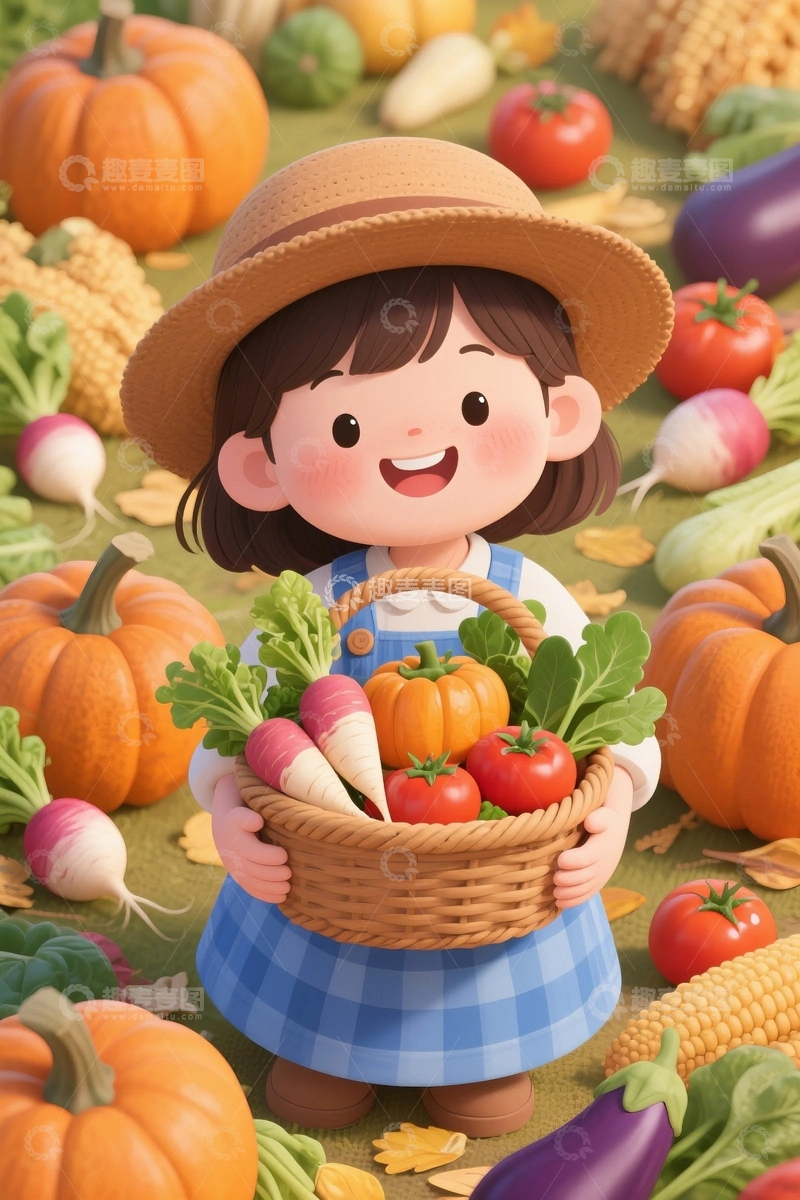 高清大图下载【趣麦麦图】51劳动节丰收卡通女孩3