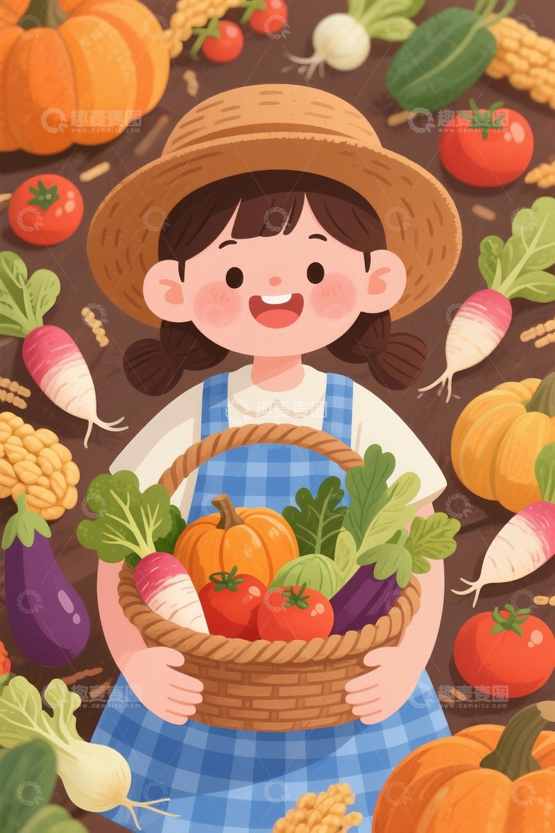 高清大图下载【趣麦麦图】51劳动节丰收卡通女孩1