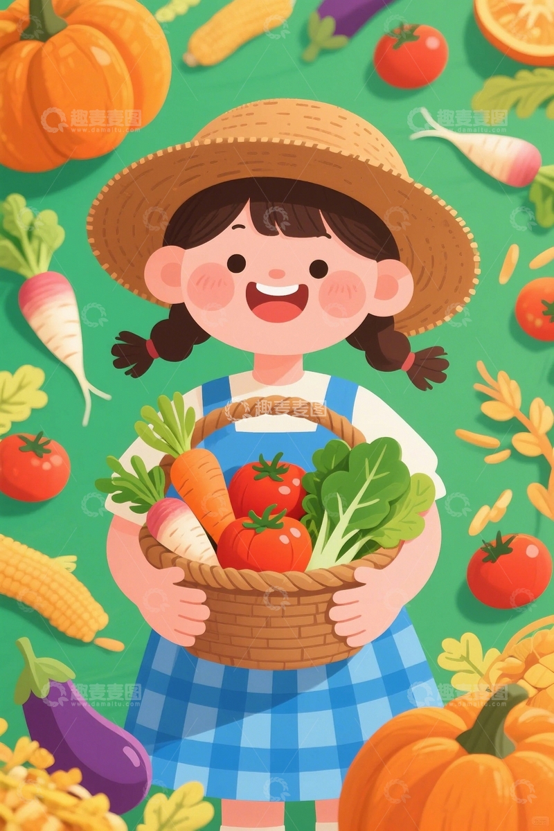 高清大图下载【趣麦麦图】51劳动节丰收卡通女孩5