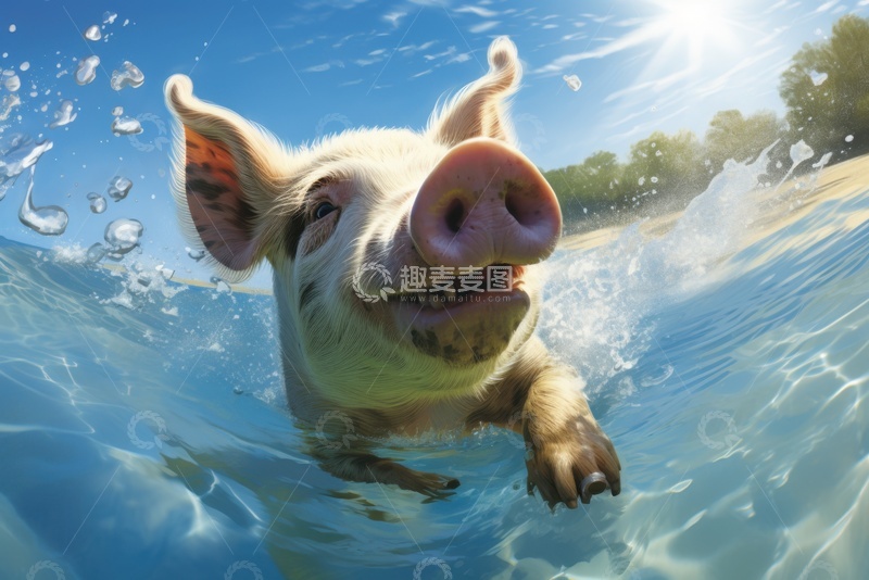 高清大图下载【趣麦麦图】湖里游泳的一只猪