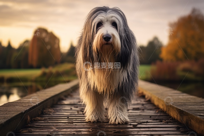 高清大图下载【趣麦麦图】站在木桥上的长毛狗