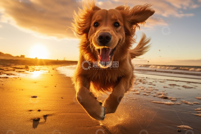 高清大图下载【趣麦麦图】沙滩上奔跑的金毛