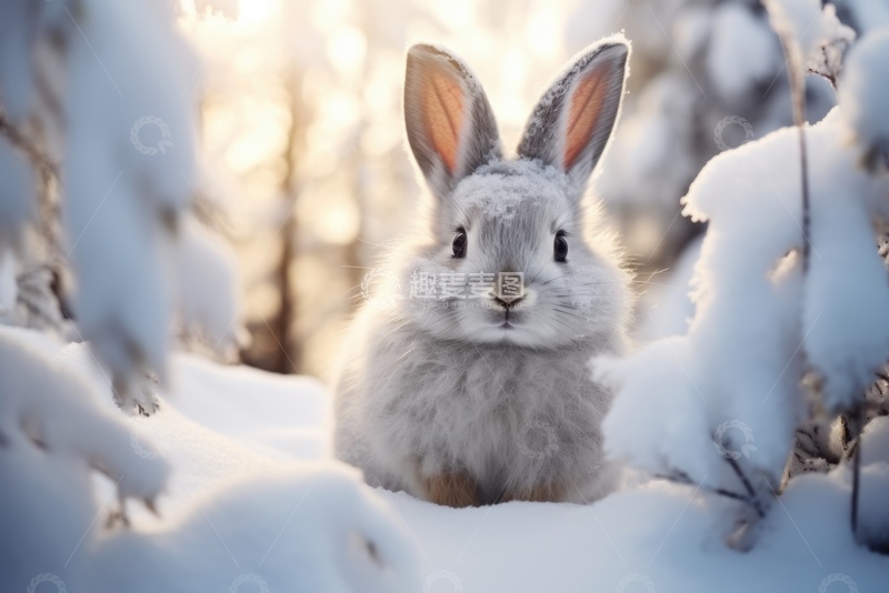 高清大图下载【趣麦麦图】雪地里的一只兔子