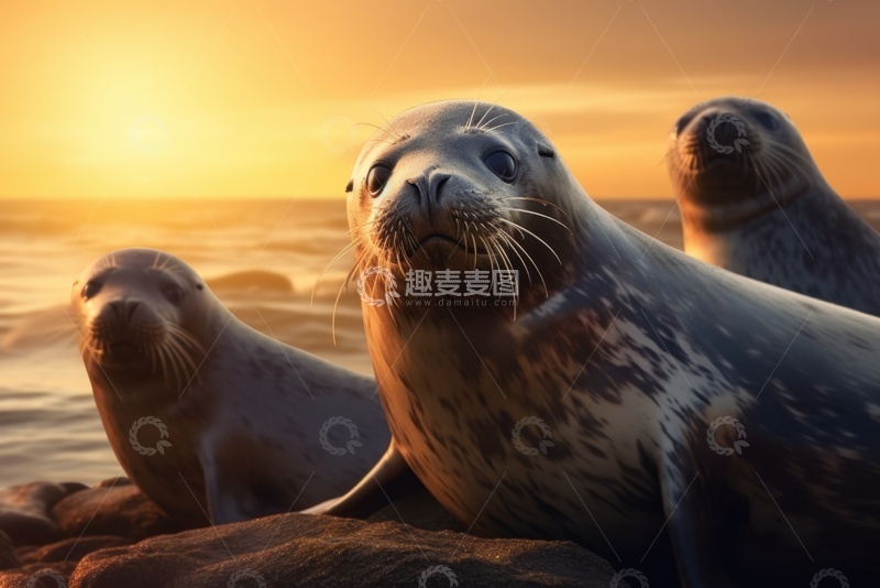 高清大图下载【趣麦麦图】大海边的三只海豹