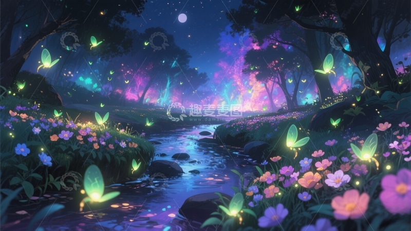 高清大图下载【趣麦麦图】月夜萤光的梦幻溪谷