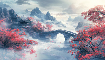 拱桥楼阁群山枫树