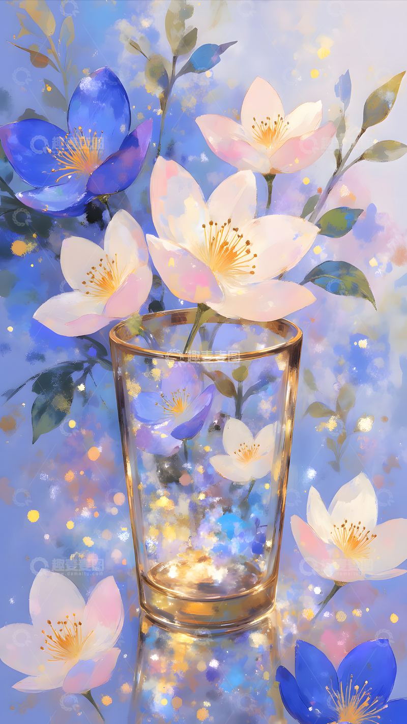 高清大图下载【趣麦麦图】梦幻水彩粉色花朵透明花瓶2