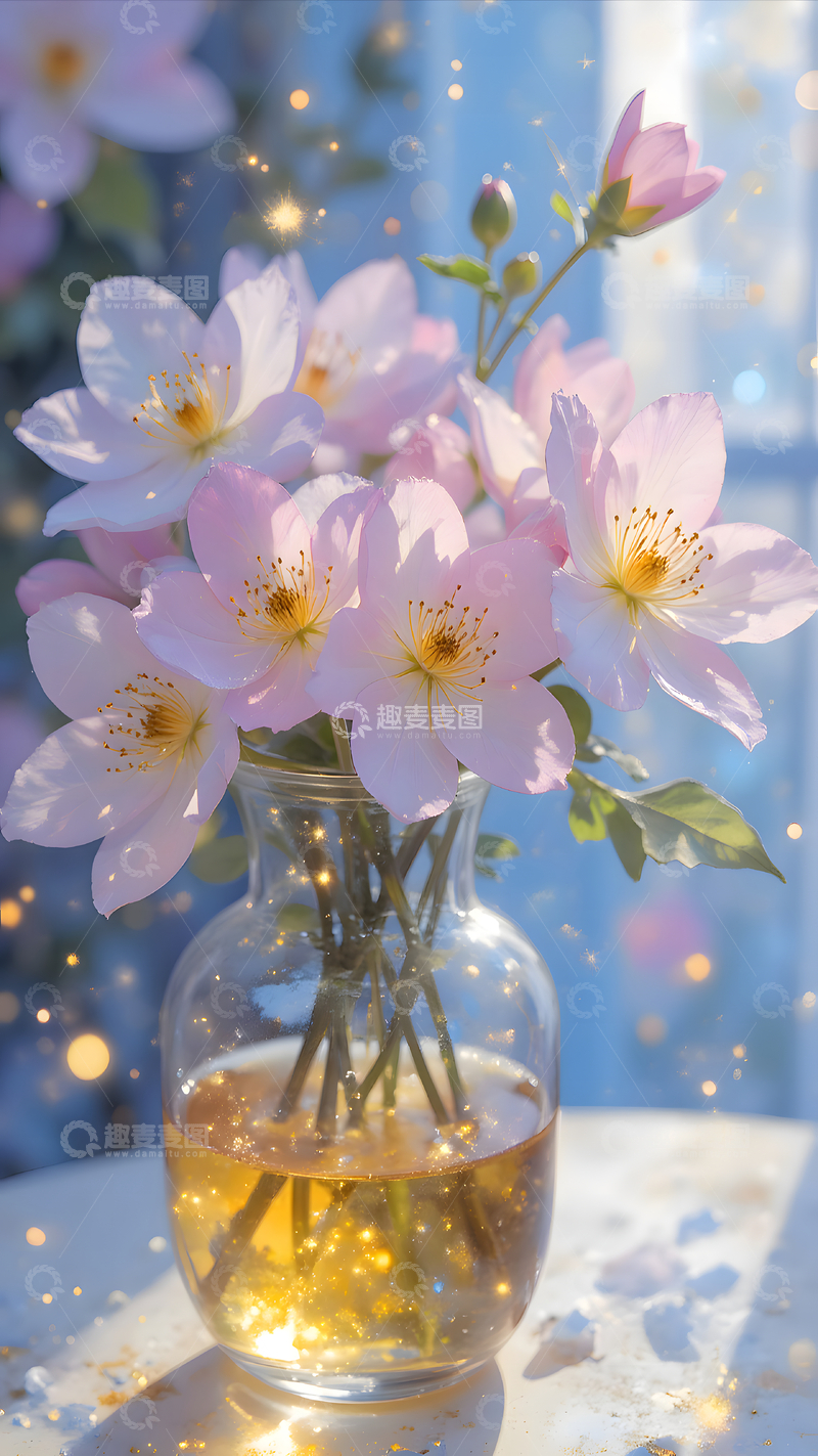 高清大图下载【趣麦麦图】梦幻水彩粉色花朵透明花瓶