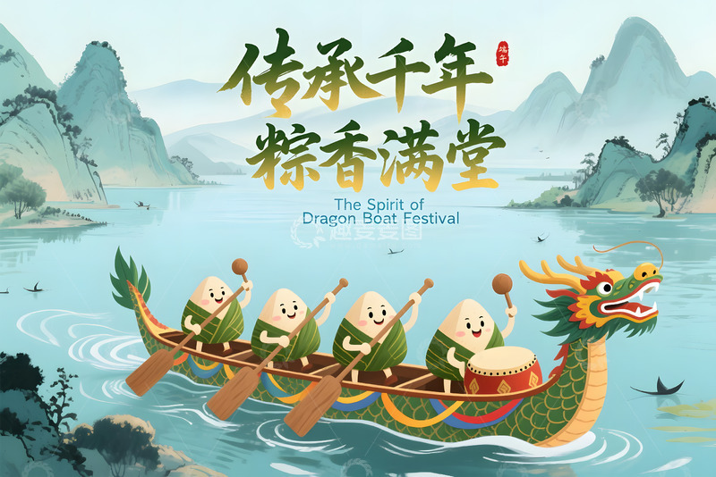 端午节国风插画龙舟香粽插画素材