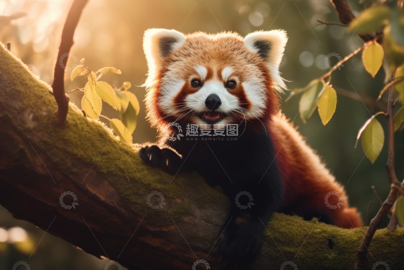 高清大图下载【趣麦麦图】趴在树枝上的小熊猫