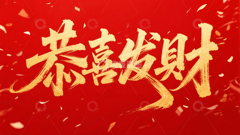 高清大图下载【趣麦麦图】创意金箔红色底恭喜发财毛笔艺术字1