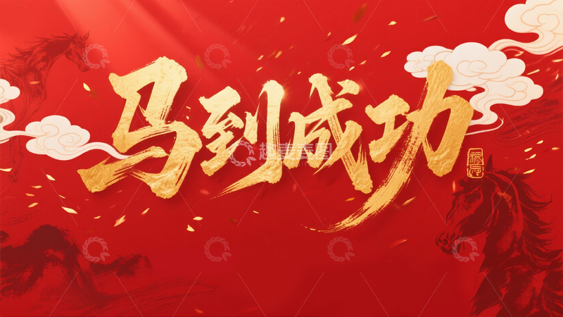 高清大图下载【趣麦麦图】创意金箔红色底马到成功毛笔艺术字