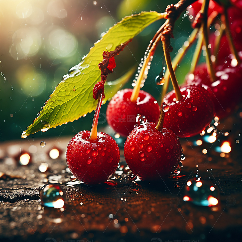 高清大图下载【趣麦麦图】带着露水的樱桃