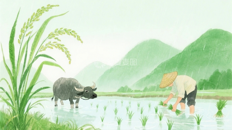 高清大图下载【趣麦麦图】谷雨节气农民插秧1