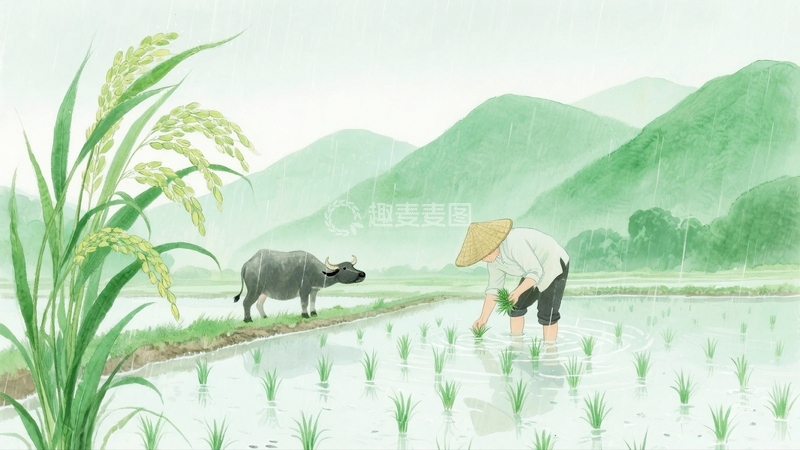 高清大图下载【趣麦麦图】谷雨节气农民插秧