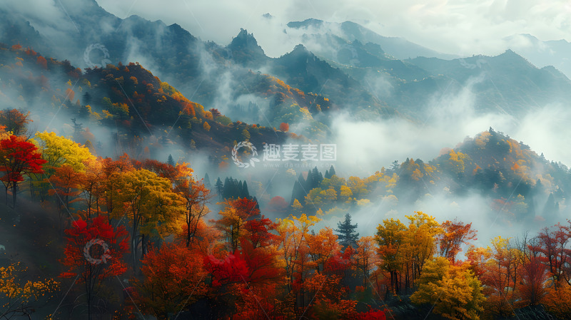 高清大图下载【趣麦麦图】云雾大山秋日枫林2