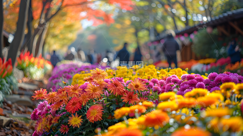 高清大图下载【趣麦麦图】秋冬公园菊花赏花游人