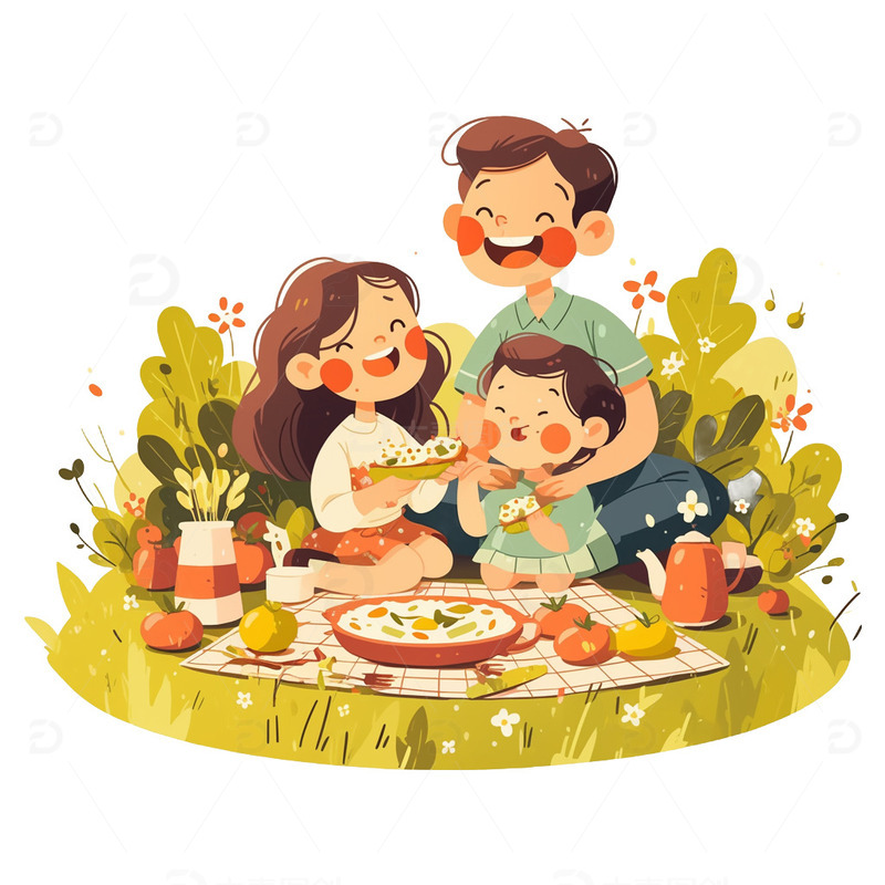 手绘卡通人物野餐免抠元素3