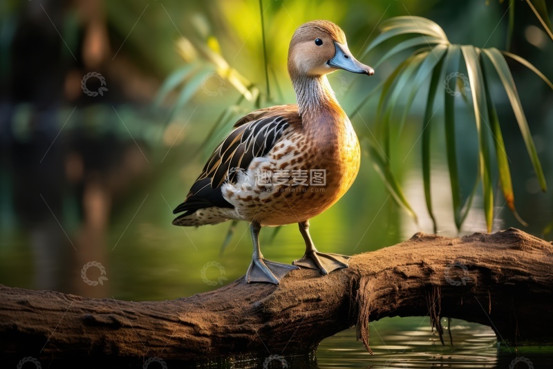 高清大图下载【趣麦麦图】站在树枝上的一只野鸭