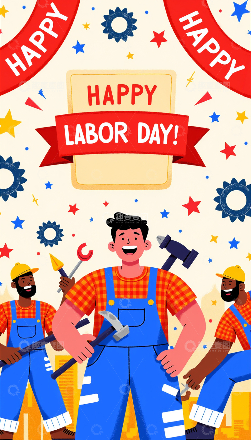 高清大图下载【趣麦麦图】创意插画风五一劳动节节日人物元素