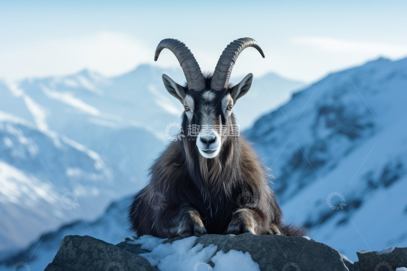 高清大图下载【趣麦麦图】雪山脚下趴着的一只山羊