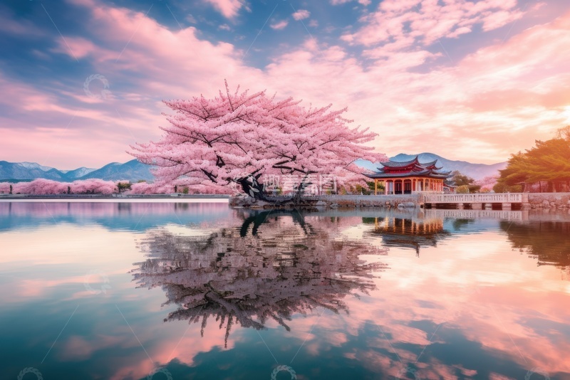 高清大图下载【趣麦麦图】湖泊中央的一颗桃树