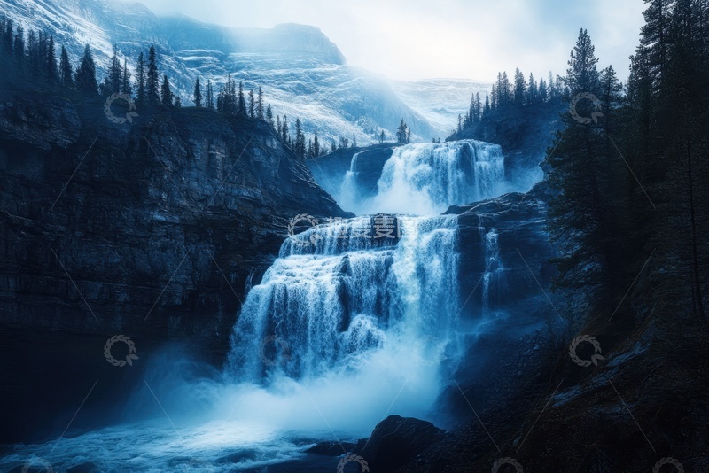 高清大图下载【趣麦麦图】松树林里的瀑布美景