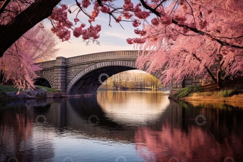 高清大图下载【趣麦麦图】公园桃树林石头拱桥