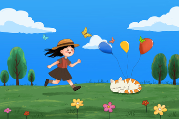 夏天小女孩在田野里奔跑