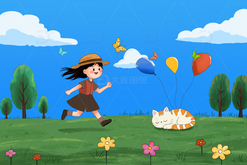 夏天小女孩在田野里奔跑