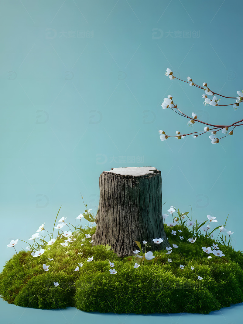 春天森林树桩电商圆台背景