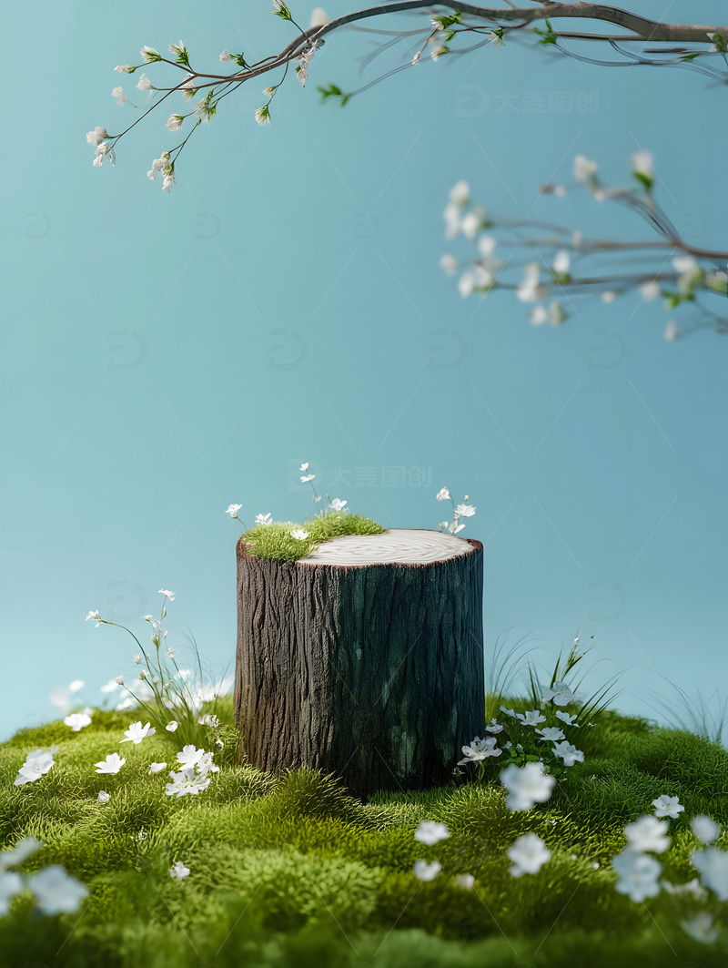 春天森林树桩电商圆台背景2