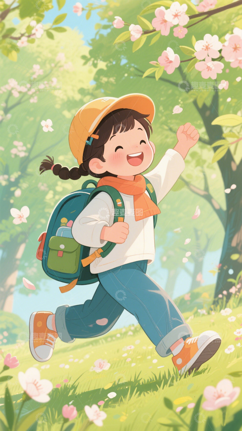 高清大图下载【趣麦麦图】立春春天花朵手绘小女孩背景3