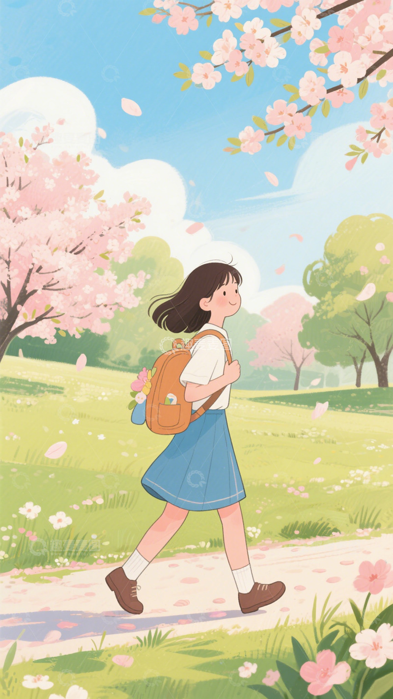 高清大图下载【趣麦麦图】立春春天花朵手绘小女孩背景1