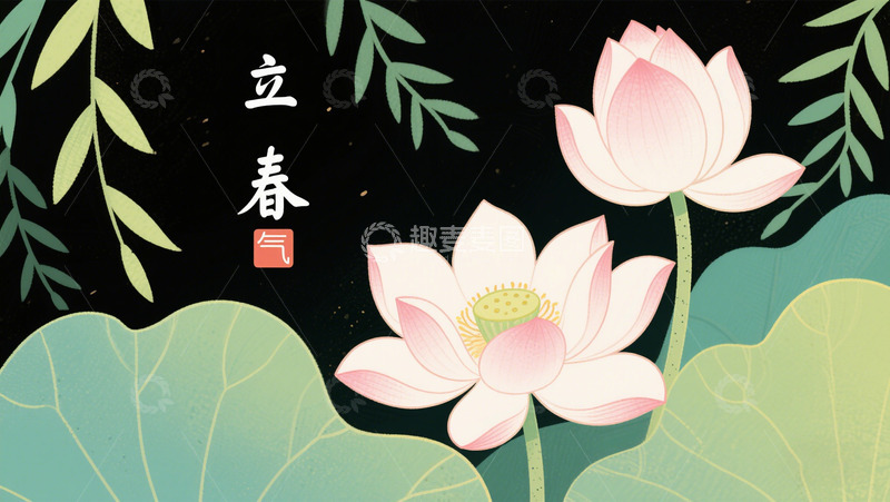 高清大图下载【趣麦麦图】立春春天湖边手绘渐变背景2