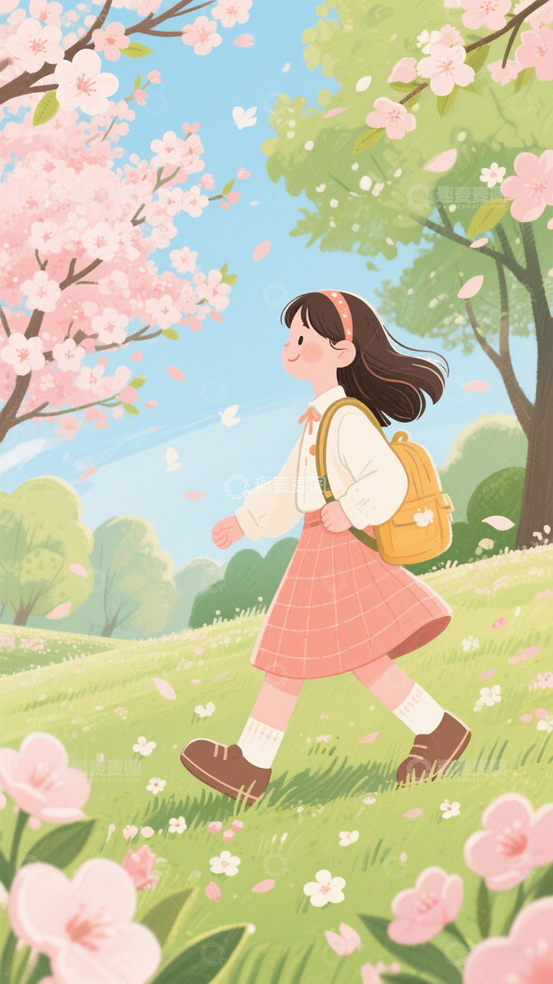 高清大图下载【趣麦麦图】立春春天花朵手绘小女孩背景
