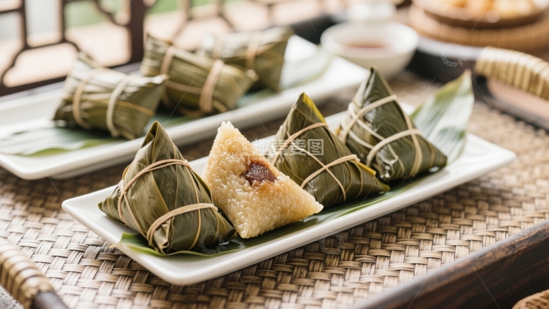 高清大图下载【趣麦麦图】竹席上瓷盘装着切开带馅的精致粽子
