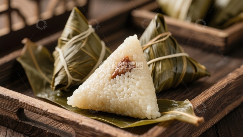 高清大图下载【趣麦麦图】木盒内糯米粽子露出红枣馅料待尝