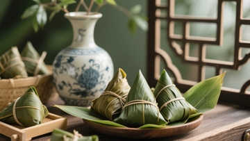 木桌瓷瓶旁粽叶衬托着美味的粽子