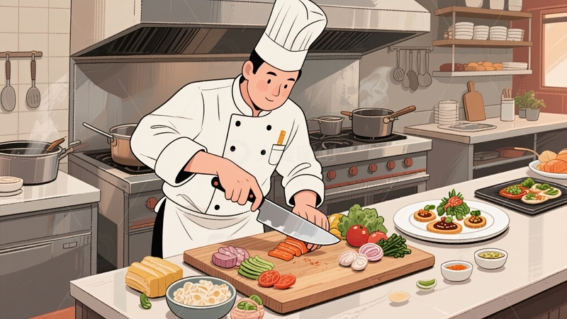 厨师厨房熟练切配食材精心准备美味佳肴